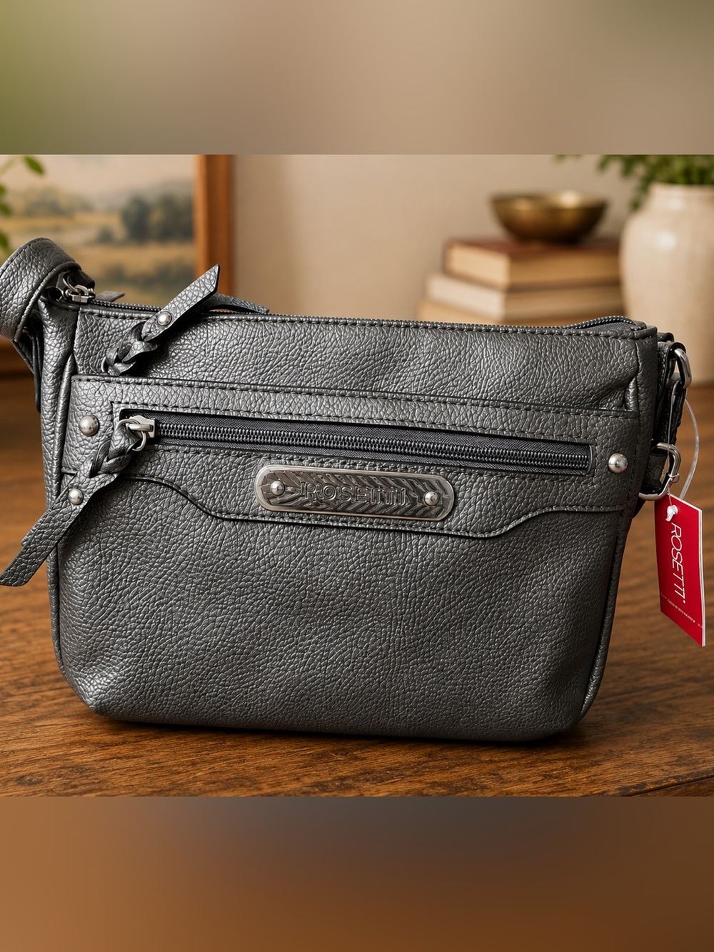 Rosetti Metallic Charcoal Gray Pebbled Crossbody with Front Zip Plate